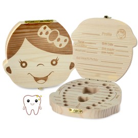 Baby Tooth Box,Lost Teeth Fairy Keepsake Wooden Teeth Holder Box for Kids Souvenir to Keep the Childhood Memory (Girls)