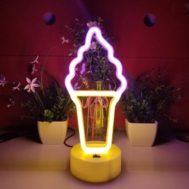 JYWJ Neon Signs with Holder Base,USB or 3-AA Battery Powered Neon Light,LED Table Decoration,Bedroom Wall Decoration,Birthday Gift,Wedding Supplies Business Gift(Ice Cream)