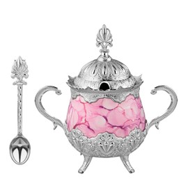 LaModaHome Sugar Bowl with Lid and Spoon for Home, Kitchen and Wedding Party, Serving for Delight and Chocolate, Decorative Design for Cube and Powder Sugar - Silver/Pink