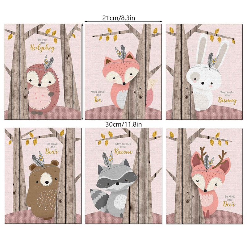 6Pcs 30x21cm Cute Cartoon Animal Pattern Canvas Painting Wall Art