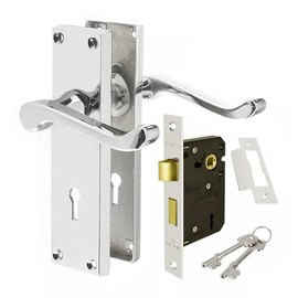 HANDLESTORE Victorian Scroll Locking Lever Backplate Door Handle - Pair of Handles with Sash Lock - Four Colours (Polished Chrome)