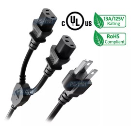Unbranded Premium 1 In 2 Out AC NEMA 5-15P To 2 IEC320 C13 Power Splitter Cord 3 Feet