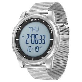 Beeasy Unisex Digital Wat ch Waterproof with Stopwatch Alarm Countdown Dual Time, Ultra-Thin Super Wide-Angle Display Digital Wrist Wat Ches Mesh Stainless Steel Band for Men Women-Mesh Sliver(White)