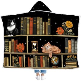 Cat Book Wearable Blanket with Hood, Cozy Reading Gifts for Book Lovers Women & Men, Cute Librarian Present for Readers, Cat Lovers, Bookish Sherpa Blanket for Bookworms, Reading Accessories for Couch