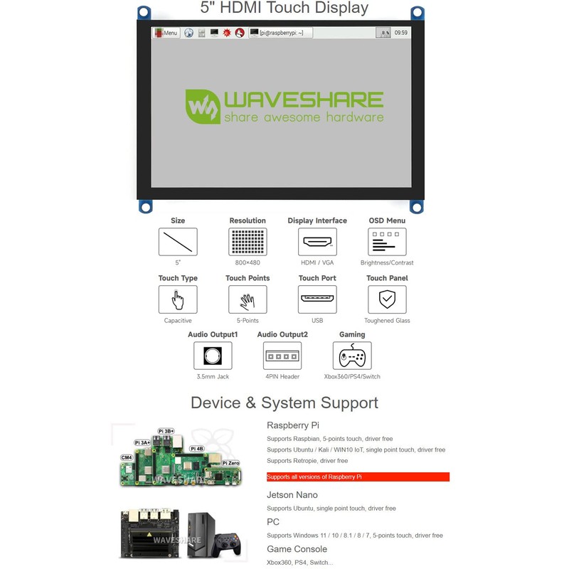 Waveshare 5 Inch HDMI Monitor Capacitive Touch Screen LCD 800x480