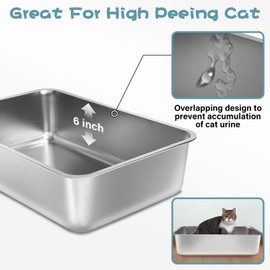 FUTAM Stainless Steel Litter Box 2 Pack, 23.6“x15.7"x6" Deep Stainless Steel Cat Litter Box Extra Large，XL Metal Litter Box for Big Cats with High Sides, Non Stick Surface, Easy to Clean