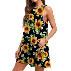 WEACZZY Summer Loose Floral T Shirt Dress for Women Casual Loose Tunic Dress with Pockets (Floral Sunflower,Large)