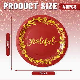 JarThenaAMCS 48Pcs Fall Paper Plates Thankful Disposable Plates Red Green Orange Yellow Autumn Dinner Dessert Plate for Thanksgiving Birthday Baby Shower, 9 Inch