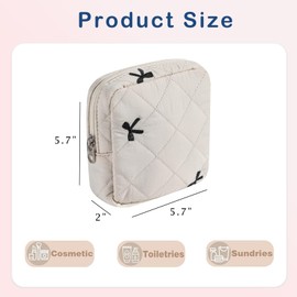 RSRSLEII Small Quilted Cosmetic Pouch for Purse, Mini Cotton Makeup Bag with Compartments, Cute Zipper Lipstick Holder for Women (06Beige Bow)