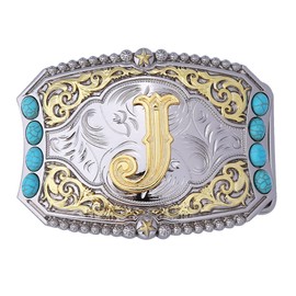 Btilasif Western Belt Buckle Cowboy Rodeo Initial Letters ABCDEFG to Z Turquoise Belt Buckle for Men Women (J)
