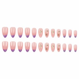 MISUD Press on Nails - Medium Almond Faked Nails with Purple French Tip, Acrylic Star Rhinestone Design 24 pcs