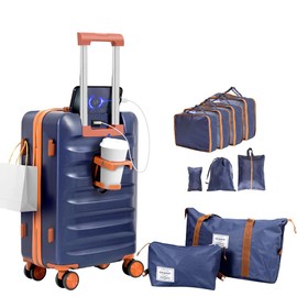 YANQIAO 20” Suitcase Set 10 Pcs, Airline Certified Luggage, Carry-on Luggage, Hard Shell Lightweight Luggage with Spinner Wheels (Luggage + 2 Travel Bags, 7 Organizer Bags, Blue)