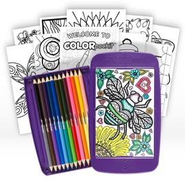Colorpockit Coloring Kit Travel Art Set with Colored Pencils, 4x6 Coloring Cards, Built in Sharpener, Mess Free Trip Activities for Airplanes or Car, 8.5 x 5, 28 pieces