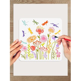 INTERWARM 1Pcs Dragonfly Painting Stencil, 11.8x11.8inchs Wild Flowers Plastic Reusable Stencil Crafts Drawing Templates for Painting on Wood Wall Door Canvas Fabric Rock Sign Home Decor