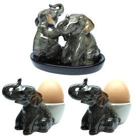 Big Elephant Set Salt/Pepper 2 pieces plus 2 Eggcups total 4 pieces handmade/painted ceramics