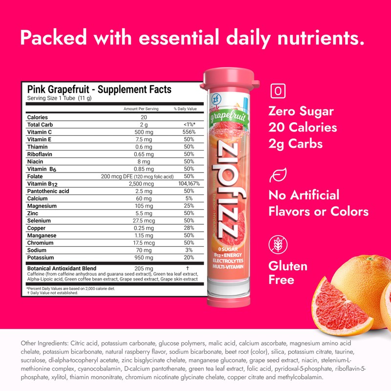 Zipfizz Daily Energy Drink Powder, Pink Grapefruit, 20 Pack |