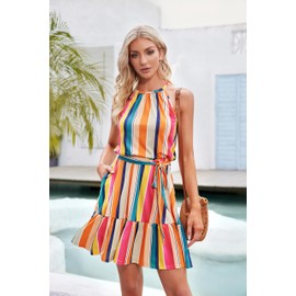 Newshows Women's 2025 Summer Dress Halter Casual Beach Vacation Outfits Hawaiian Dresses Ruffle Belted Sundress with Pockets(Floral-1, S)