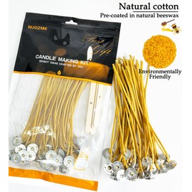 Nuozme 50 Pcs 8" Natural Candle Wicks,Pre-Waxed by Natural Beeswax & Tabbed with 60Pcs Candle Wick Stickers and 5 Pcs Wooden Candle Wick Centering Device, for Candle Making，Candle DIY