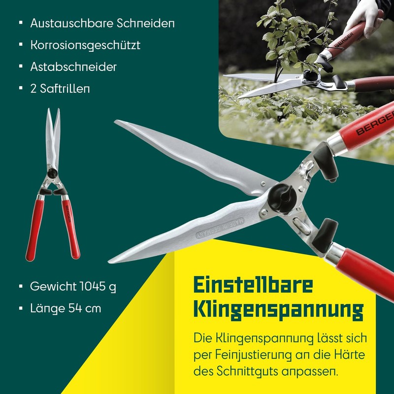 BERGER Professional Hedge Shear, Self-Sharpening 9.45" Steel Blades, Chrome-Plated Wavy