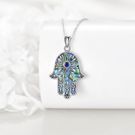VENACOLY Hamsa Necklace 925 Sterling Silver Evil Eye Hamsa Hand Abalone Shell Pendant Necklace Good Luck Jewellery Gift for Women