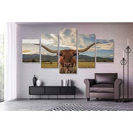 Blaze Canvas Cow Longhorn Steer Animal Wildlife Canvas Art Wall Art Home Decor (5 Piece Medium)