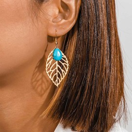 Cybche Boho Blue Turquoise Earrings Gold Hollow Leaf Earrings Leaf Turquoise Drop Earrings Turquoise Drop Hook Earrings Tribal Turquoise Leaf Statement Earrings Jewellery For Women, Zinc