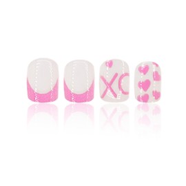 French Tip Press on Nails Valentine's Day Fake Nails Pink Heart False Nails Short Square Artificial Nails with Designs Full Cover Acrylic Nails Cute Stick on Nails