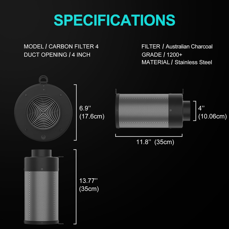 HYDROWE Air Carbon Filter with Built-in Fan, 4 Inch, Australian