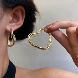 Cimenexe Punk Heart Hoop Dangle Earrings Gold Hollow Heart Drop Earrings Large Layered Heart Hoop Earrings Exaggerated Heart Shape Earrings Jewelry for Women