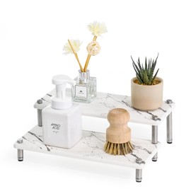 MASHDE 2-Tier Stone Drying Tray for Bathroom Sink, Fast-Drying Diatomite Stone Soap Tray for Kitchen Counter, Water Absorbing Sink Caddy Tray for Vanity（11 × 8.27in White Marble）