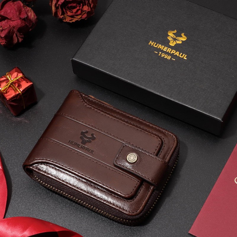 HUMERPAUL Zipper Wallets for Men, Genuine Leather RFID Blocking Bifold