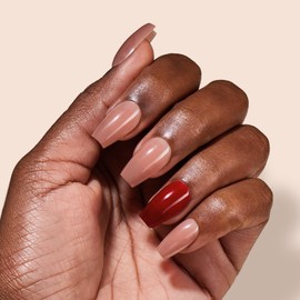 VSALON Short Coffin Press-On Nails - 32 PCS Solid Nude Pink Main Nails in 16 Sizes & 10 PCS Red Alternative Nails - Reusable Fake Nail Kit with UV Glue, Easy Tabs, Nail Glue, Remover (Stained Glass)