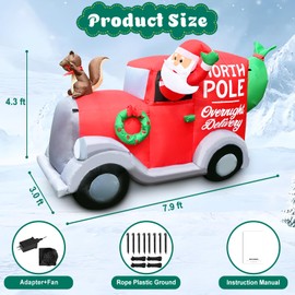 QEOIYDE Christmas Inflatable 6FT Length Santa in North Pole Overnight Delivery Car with Squirrel in Front Lighted Blow Up Holiday Decoration with Santa Waving from Window for Lawn, Yard，Garden