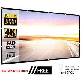 Projector Screen, White Projector Screen, 16:9 No Crease Home Theater Foldable Projection Screen 60"|72"|84"|100"|120"|150"