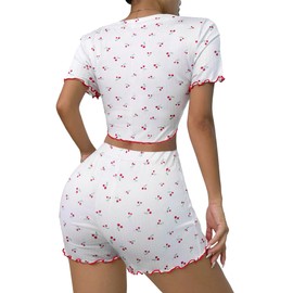 Hilinker Womens Cherry Pajama Set Ribbed V Neck Short Sleeves Tops and Shorts Summer Cute Pjs White Cherry Small
