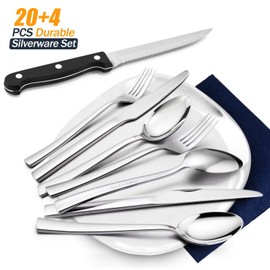 24-Piece Silverware Set with Steak Knives, HaWare Solid Stainless Steel Modern Elegant Flatware Utensils, Ergonomically Designed, Mirror Polished & Dishwasher Safe