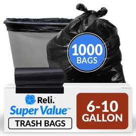 Reli. 6-10 Gallon Trash Bags | 1000 Bags | Black | Bathroom | Strong | Garbage