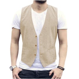 AeoTeokey Men's Summer Linen Vest Suit Vest Casual Vest Regular Fit, champagne