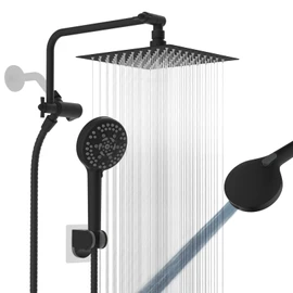 All Metal Shower Head, 8" High Pressure Rainfall/Handheld Shower Combo with 11" Extension Arm, 10-Spray Handheld Showerhead, 71" Long Hose, 3-Way Diverter Valve, Matte Black