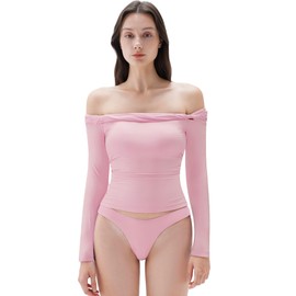 SUUKSESS Women Off The Shoulder Tops with Built in Bra Double Lined Going Out Fitted Basic T Shirts Long Sleeve 2025 Fall Clothes(Baby Pink, XS)