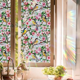 Runtoo Window Privacy Film Rainbow Bird on Tree Branch Flowers Window Clings 3D Decorative Vinyl Stained Glass Rose Peony Floral Decals Static Sticker Non-Adhesive, 17 x 40 inches