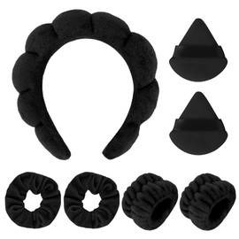 Araluky Araluky 7Pc Headband and Wristband Set for Skincare, Face Washing, Makeup Removal - Includes Terry Cloth Headbands, Facial Sponges, and Powder Puffs in Black