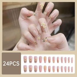 CATKIN 24PCS Long False Nails with Glue Stickers, Press on Nails no Glue for Women Girls Medium Square Decoration Fake Nails