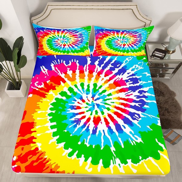 Tie Dye Bedding Sets,Boho Rainbow Chic Hippie Style Fitted Sheet Bohemian Abstract Art Spiral Colorful Tie Dye Fitted Bed Sheets for Adult Women Boys, Not Include Flat/Top Sheet, Full Size