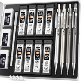 Nicpro 4-Piece Mechanical Pencil Set, Metal Pencils 0.7 mm with 8 Cans of Replacement Leads (HB), 3 Pieces 4B Erasers, Mechanical Pencils for Calligraphy, Sketching, Drawing
