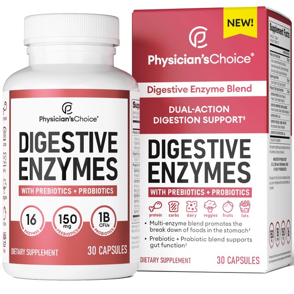 Physician's CHOICE Digestive Enzymes - Powerful Enzymes - Organic Prebiotics & Probiotics for Digestive Health & Gut Health - for Meal Time Discomfort Relief - Dual Action Approach W/Bromelain - 30 CT