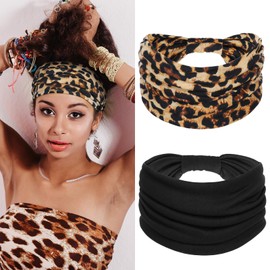 Yuanchu Breite Stirnbänder für Damen, 2 Stück rutschfeste Dicke Boho-Haarbänder Leopard Knot Stirnband Elastische Haarreifen Afrika Headband Yoga Sport Haarband Haarschmuck für Frauen Mädchen