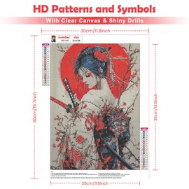 QENSPE 5D Diamond Art Japanese Women, DIY Diamond Painting Kits for Adults, Round Full Drill, Samurai Diamonds Dots Mosaic Painting, Crystal Gem Arts Craft for Home Wall Decor 12x16 in
