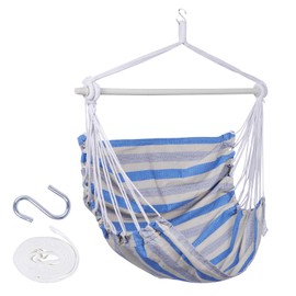 Backyard Expressions Striped Hammock Chair Hanging Rope Swing Chair, Anti Slip Steel Spreader Bar