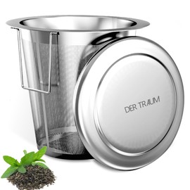 Der Traum Tea Strainer, 304 Stainless Steel - Fine Mesh, Dishwasher Safe, Foldable Handles & Lid - Loose Leaf Tea Infuser